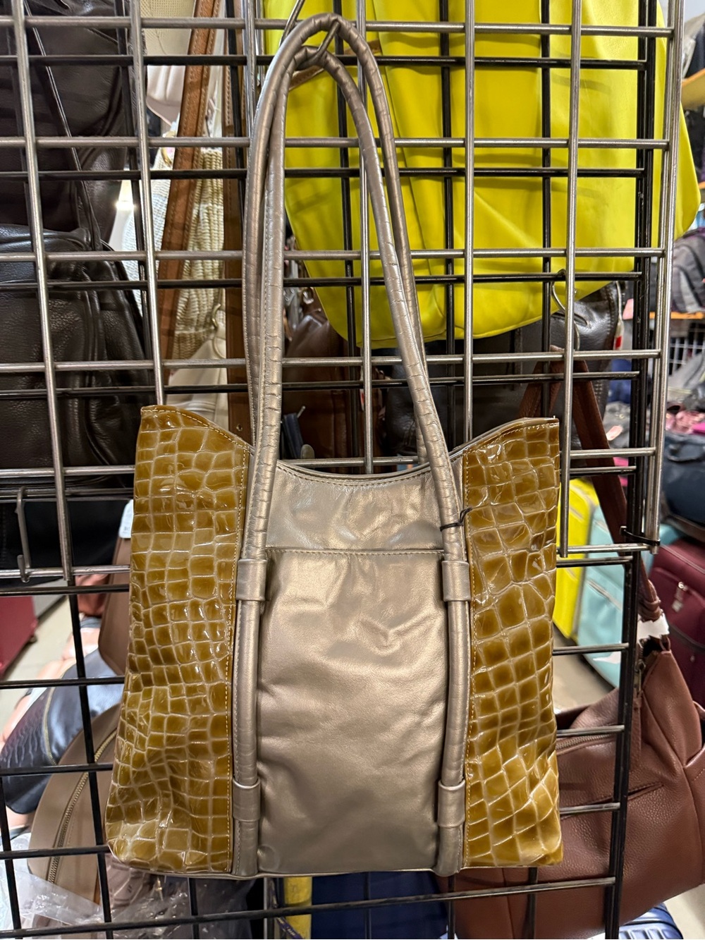 Vintage Metallic Silver and Olive Croc-Accent Tote Bag